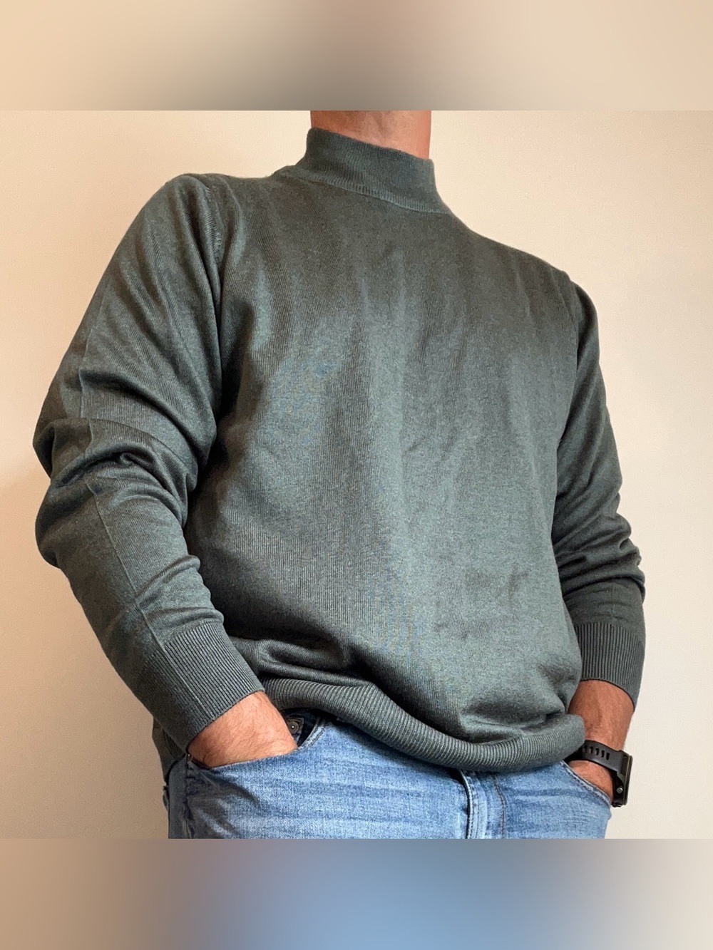 Özel Yün Istanbul Turkish Wool Sage Green Mock Neck Knit Sweater Men's Large L